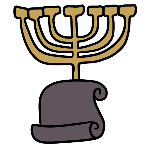 a gold temple menorah above a purple scroll